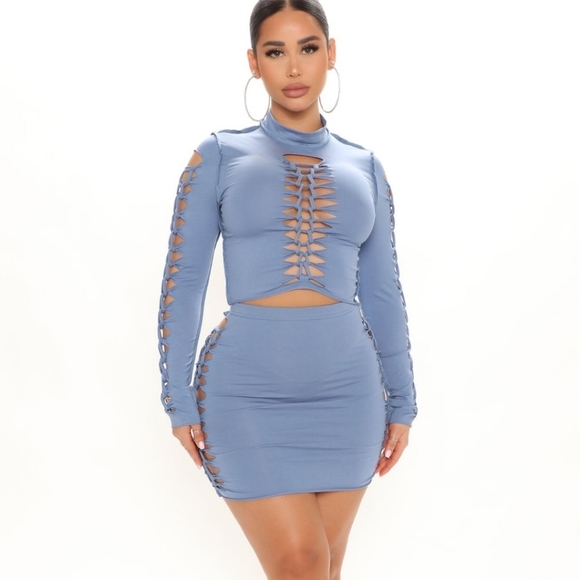 Fashion Nova Kara Cut Out Denim Blue Long Sleeve Mini Skirt Set - Picture 3 of 16